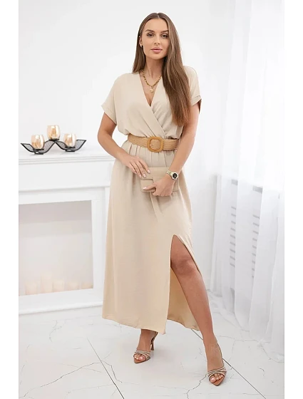 Dlouhé šaty s ozdobným páskem béžové