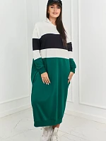 Trikolórne šaty s kapucňou ecru + čierna + tmavo zelená