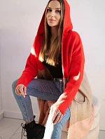 Pruhovaný sveter s kapucňou červený+biely+púdrovo ružový