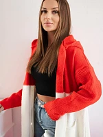 Pruhovaný sveter s kapucňou červený+ružový+ružový neón