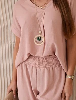 Súprava s náhrdelníkom blúzka + nohavice tmavá púdrovo ružová