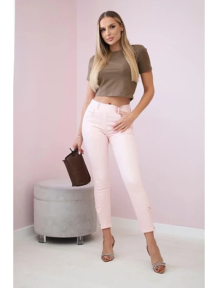 Kalhoty barevné džínové s mašlí pudrově růžové