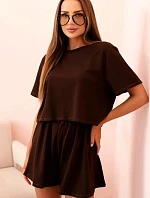 Dámska bavlnená súprava so širokými šortkami hnedá