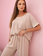 Viskózová súprava so zlatým lemovaním tmavo béžová