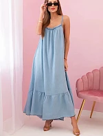 Dámske šaty bez ramienok s volánom z ľahkého denimu