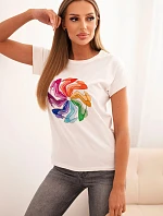 Dámska bavlnená blúzka s krátkymi rukávmi a farebnou potlačou v ecru farbe