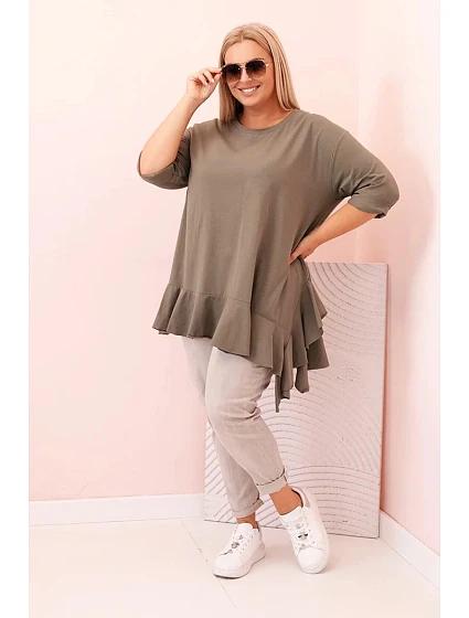 Dámská blůza Plus Size s bavlnou, kapsou a ohrnutým rukávem kiwi