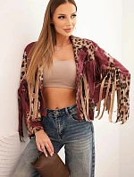 Dámska semišová bunda so strapcami s leopardím vzorom vo vínovej farbe