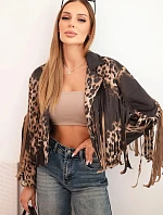 Dámska semišová bunda s leopardím vzorom a strapcami čierna