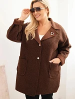 Dámský kabát Plus Size beránek s vlnou a kapsami čokoládový