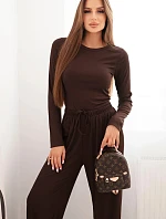 Dámsky viskózový komplet s blúzkou a širokými nohavicami hnedej farby