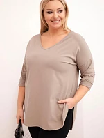 Dámske bavlnené Plus veľkosť blúzka s V-výstrihom a roll-up rukávy fango