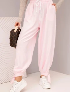Dámske nohavice so širokými nohavicami a viazaním v spodnej časti candy pink