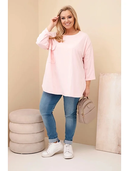 Dámská blůza Plus Size s bavlnou, kapsou a ohrnutým rukávem pudrově růžová