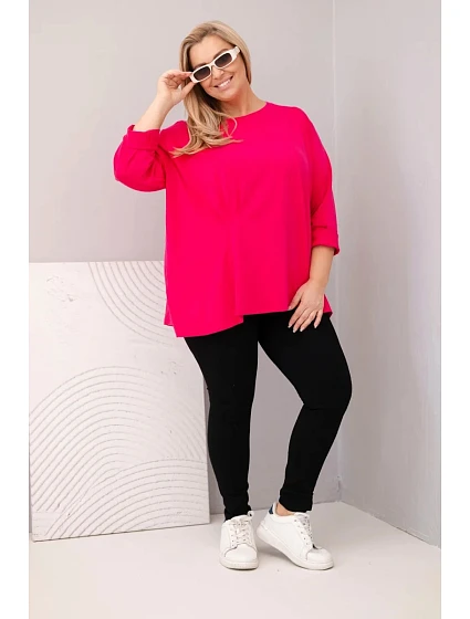Dámská blůza plus size s bavlnou a dlouhým rukávem a nařasením fuchsie