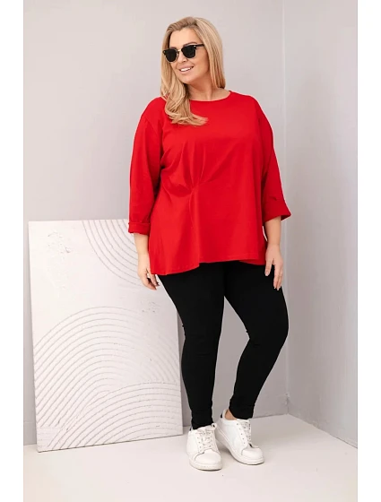 Dámská plus size blůza s bavlnou, dlouhým rukávem a řasením červená