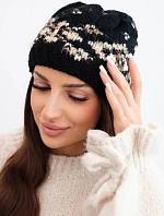 Dámska zimná čiapka s nórskym vzorom a hrubým úpletom K351 čierna+tmavobéžová