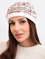 Dámska zimná čiapka s farebným vláknom a elastickou šnúrkou K352 ecru+pink neon+camel