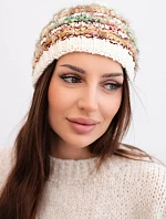 Dámska zimná čiapka s farebným vláknom a elastickou šnúrkou K352 ecru+green+camel