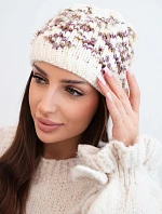 Dámska zimná čiapka s farebnými vzormi a hrubým úpletom K353 ecru+purple
