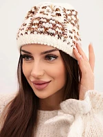 Dámska zimná čiapka s farebným vláknom a hrubým okrajom K355 ecru+cappuccino+red