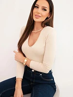 Dámska blúzka s výstrihom do V a dlhými rukávmi béžová