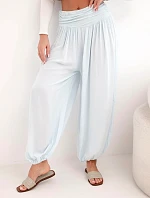 Dámske nohavice z viskózy so širokými nohavicami a volánom modré