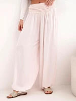 Dámske viskózové nohavice so širokými nohavicami a volánmi púdrovo ružové
