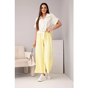 Dámska viskózna košeľa s kravatou a nohavice s gumou žltá