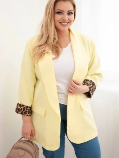 Dámska bunda nadrozmernej veľkosti s leopardou podšívkou žltá