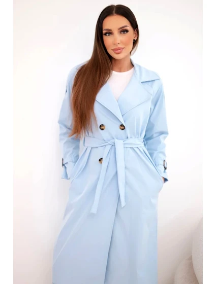 Dámsky kabát do pása s golierom modrý Dámsky kabát do pása s golierom modrý