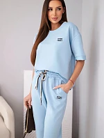 Dámsky viskózový maslový komplet s krátkym rukávom, nohavicami a rozšírenými nohavicami modrej farby