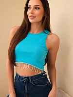 Dámsky krátky bavlnený top s rebrovaním a strapcami Tyrkysová