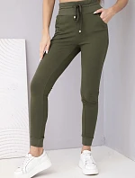 Dámske tepláky s vysokým pásom a šnúrkou na stiahnutie v khaki farbe