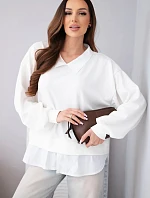 Dámska maslová viskózna mikina s košeľovou vložkou biela