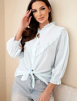 Dámske bavlnené tričko s čipkou a kravatami modré