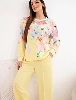 Dámska súprava z maslovej viskózy s kvetinovým vzorom so širokými nohavicami žltá