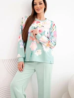 Dámsky maslový viskózový set s kvetmi so širokými nohavicami tmavý mätový