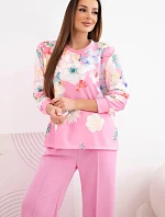 Dámska súprava z maslovej viskózy s kvetinovým vzorom a širokými nohavicami svetlo ružová