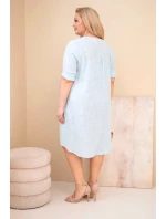 Dámske bavlnené šaty nadmernej veľkosti s kravatovým výstrihom Modrá