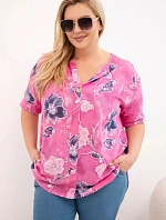 Dámska bavlnená blúzka s kvetinovým vzorom plus veľkosť ružová