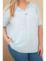Dámská bavlněná halenka Plus Size s výstřihem na knoflíky modrá