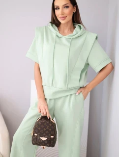 Dámska súprava maslová mikina s kapucňou a voľné nohavice so šnúrkou na stiahnutie tmavá mentolová