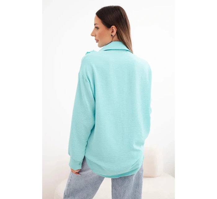 Dámske viskózové tričko s dlhými rukávmi a volánmi mätovej farby Dámske viskózové tričko s dlhými rukávmi a volánmi mätovej farby