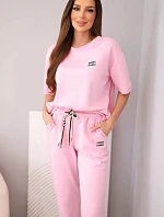 Dámska súprava nohavíc s krátkym rukávom a ohrnutými nohavicami z viskózy s maslovým efektom, svetloružová