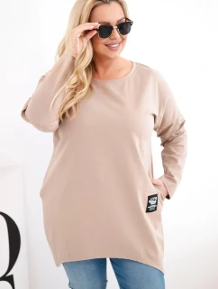 Dámská halenka Plus Size s prodlouženým zadním dílem a dlouhým rukávem camelová