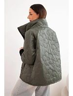 Dámska jarná prešívaná bunda s ozdobným potlačou a zipsom khaki