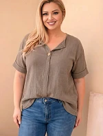 Dámske Plus veľkosť bavlnená blúzka s výstrihom na gombíky Fango