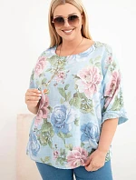 Dámske bavlnené Plus veľkosť blúzka s krátkymi rukávmi a kvetinovým vzorom modrá
