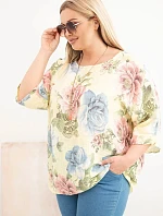 Dámske bavlnené Plus veľkosť blúzka s krátkymi rukávmi a kvetinovým vzorom žltá